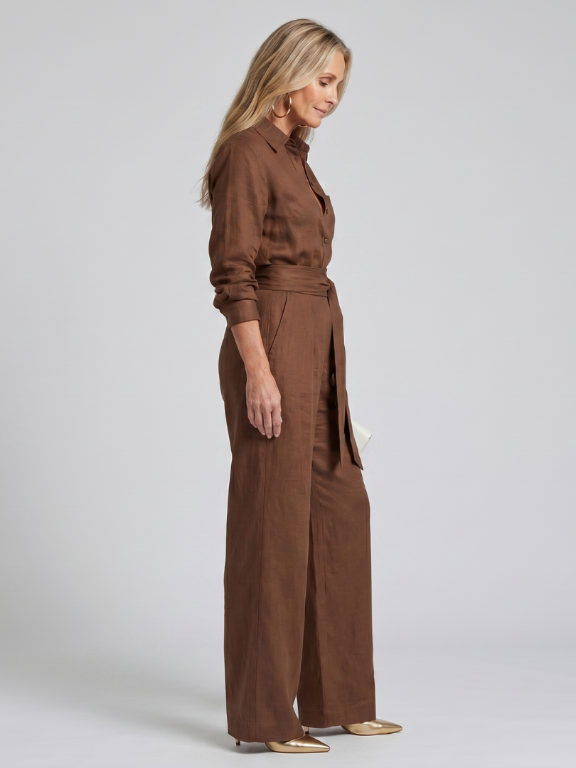 Collared Long Sleeve Belted Wide Leg Jumpsuit