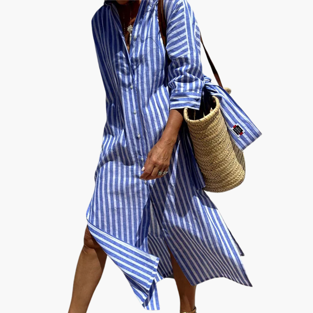 Flora | Sophisticated Striped Comfort Midi Dress Blue