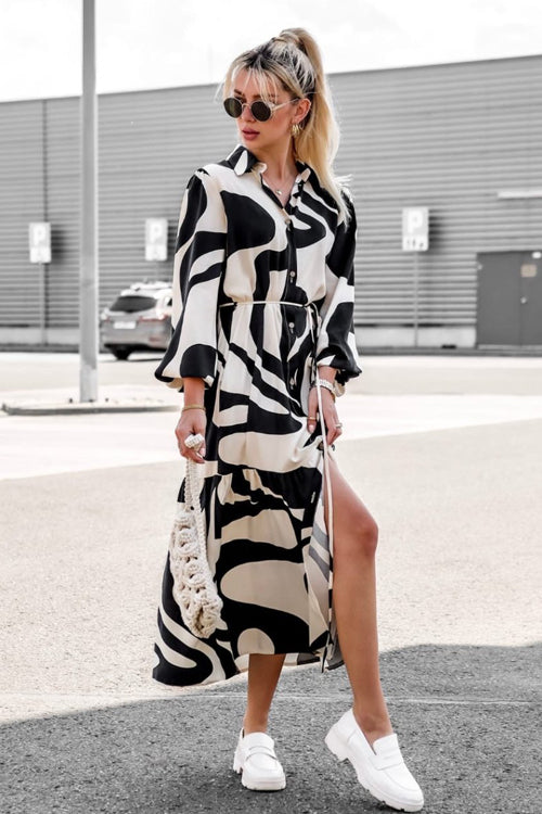 Let's Get Going Print Long Sleeve Maxi Dress - 2 Colors Black