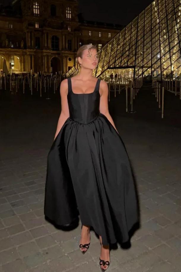 Square Neck Corset Bodice Wide Strap Gathered A-Line Midi Dress