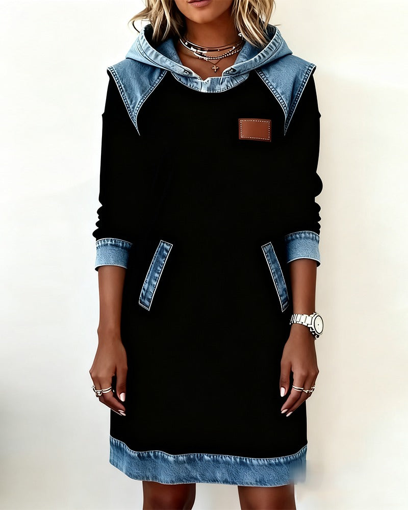 Hooded Long Sleeve Denim Patchwork Mini Dress Pocket 14