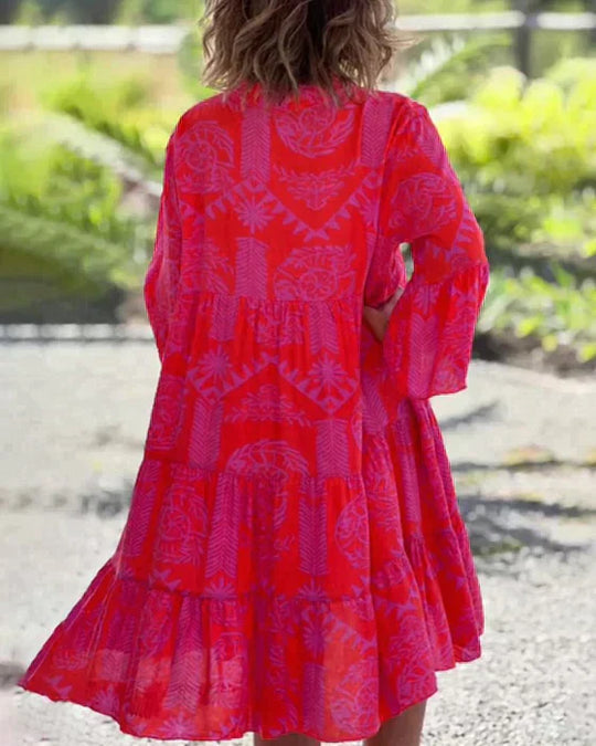 Geometric Print Notched V-Neck Bell Sleeve Tiered High Split Midi Dress