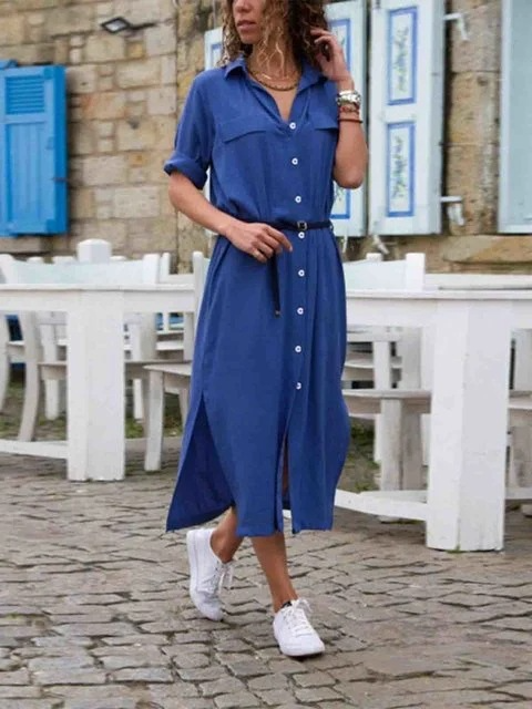 Belted Long Sleeve Button Down Side Slit Midi Shirt Dress