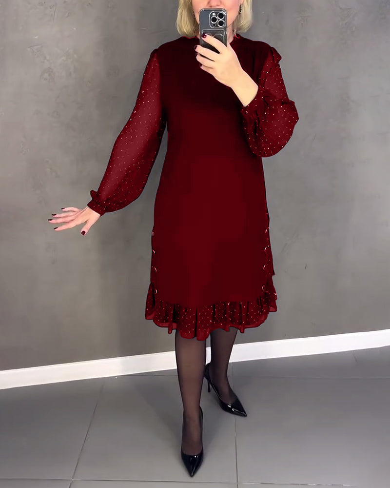 Round Neck Sheer Dot Sleeve Ruffle Hem Shift Midi Dress
