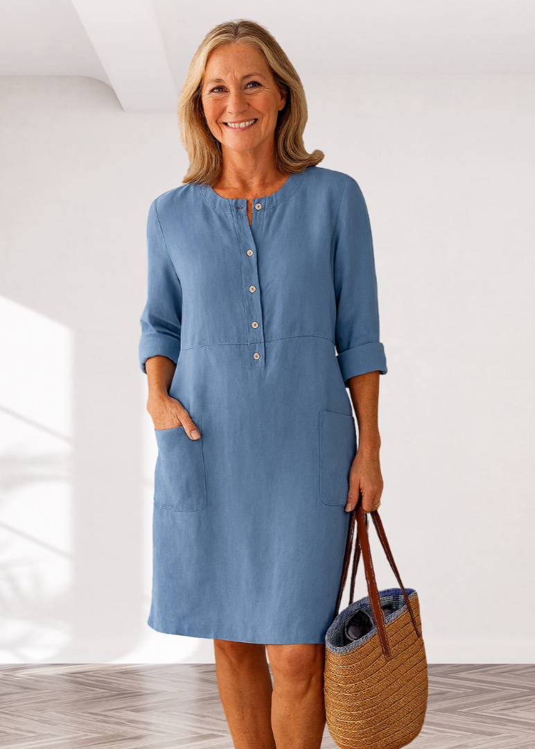 Linen Look Button Placket Long Sleeve Pocket Shift Dress