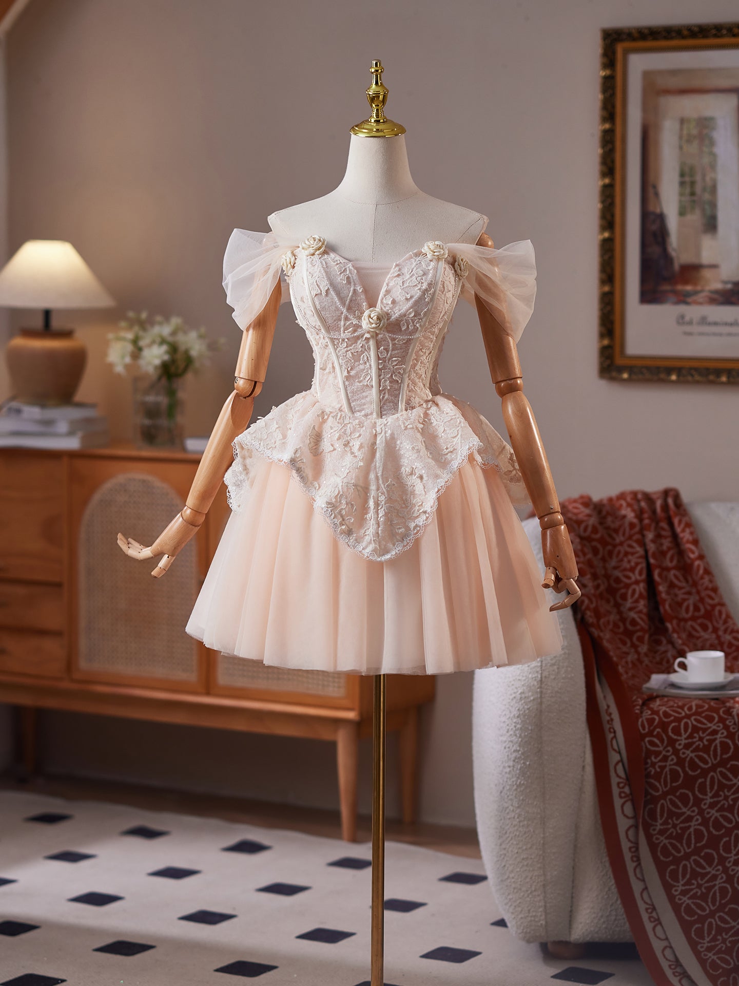New Arrival A Line Champagne Off The Shoulder Homecoming Dress with 3D Flower Appliques