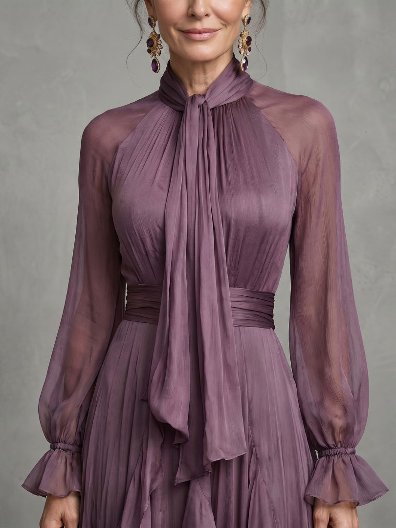 Tie Neck Long Sleeve Ruffle Tiered Chiffon Maxi Gown