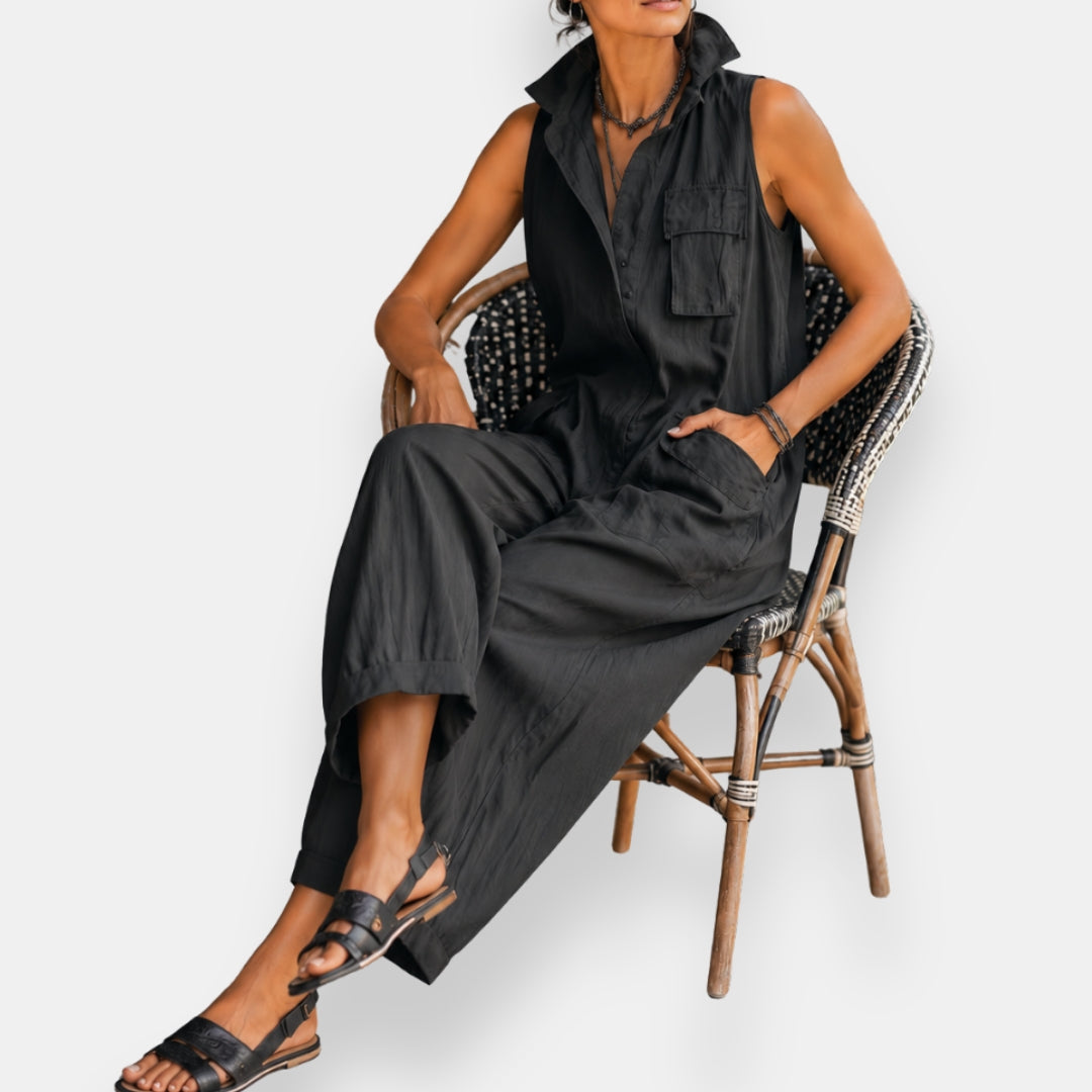 Sleeveless Collared Flap Pocket Wide Leg Cargo Jumpsuit