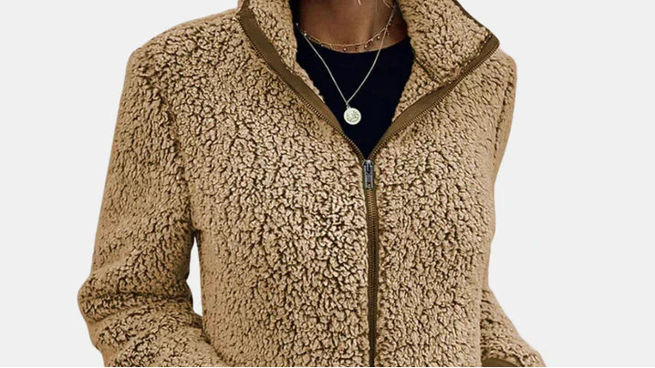 Zip Front Stand Collar Teddy Fleece Jacket