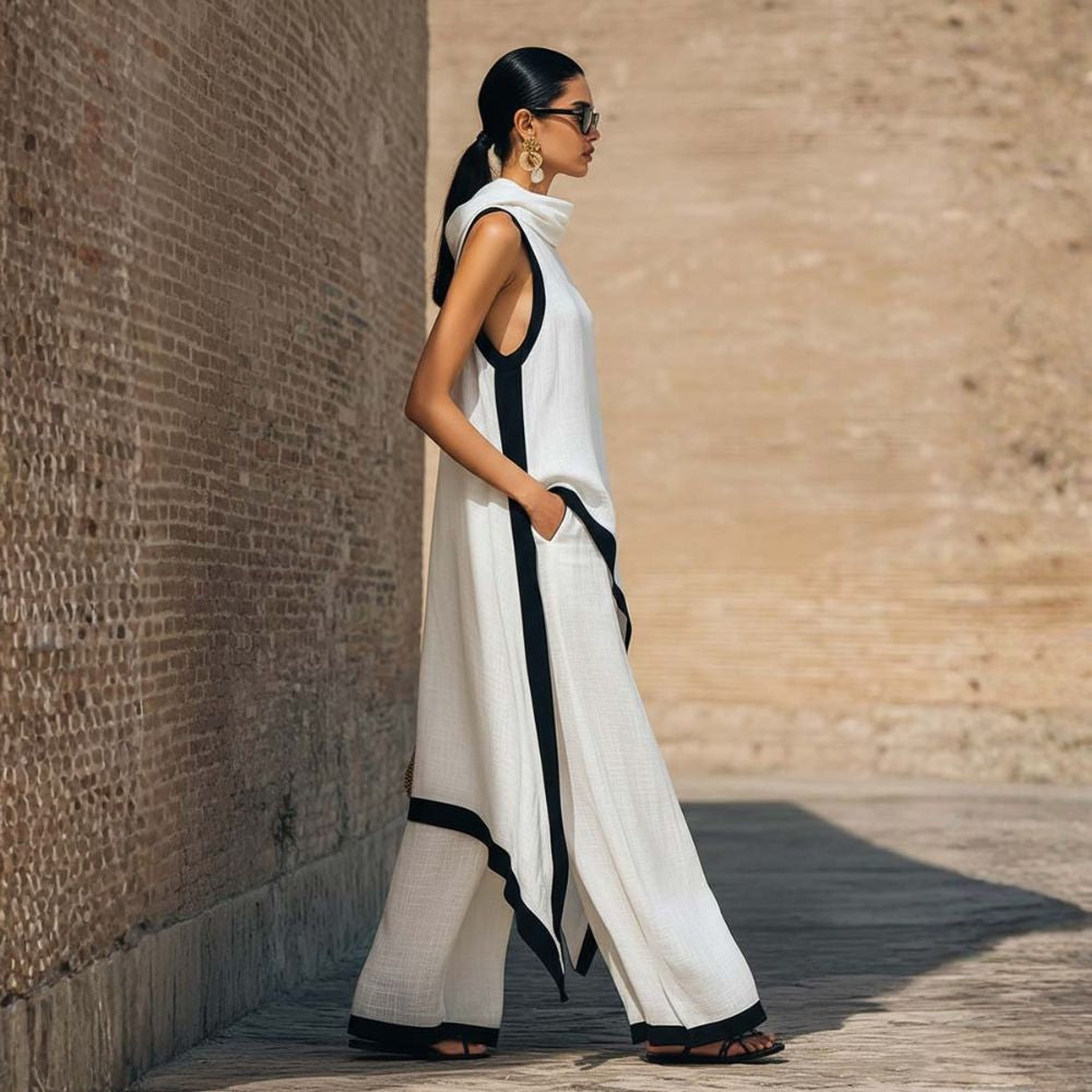 Contrast Trim Sleeveless Top and Wide Leg Pants Two Piece Set