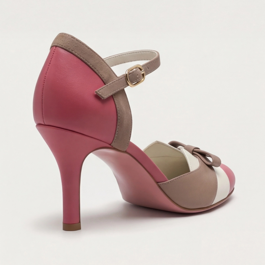 Round Toe Ankle Strap Bow Stiletto Heel Pumps