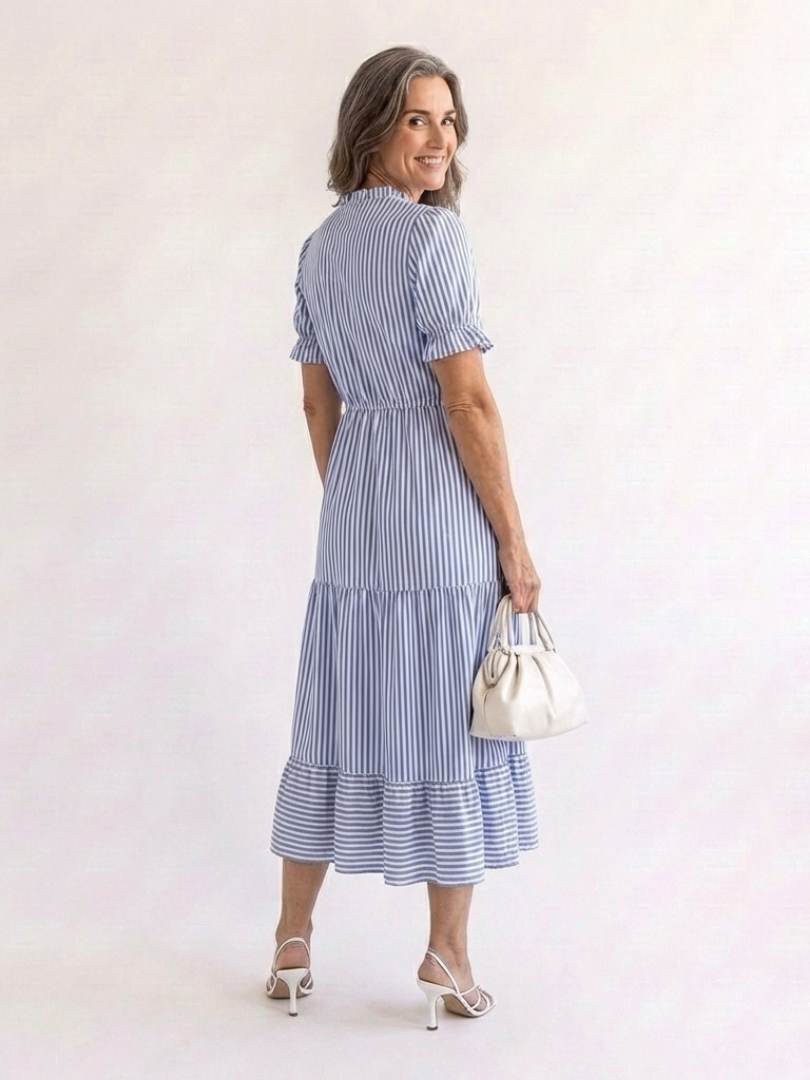 Striped Short Sleeve Button Front Tiered Midi Shirt Dress