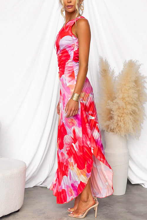 Floral Print One Shoulder Pleated Maxi Dress