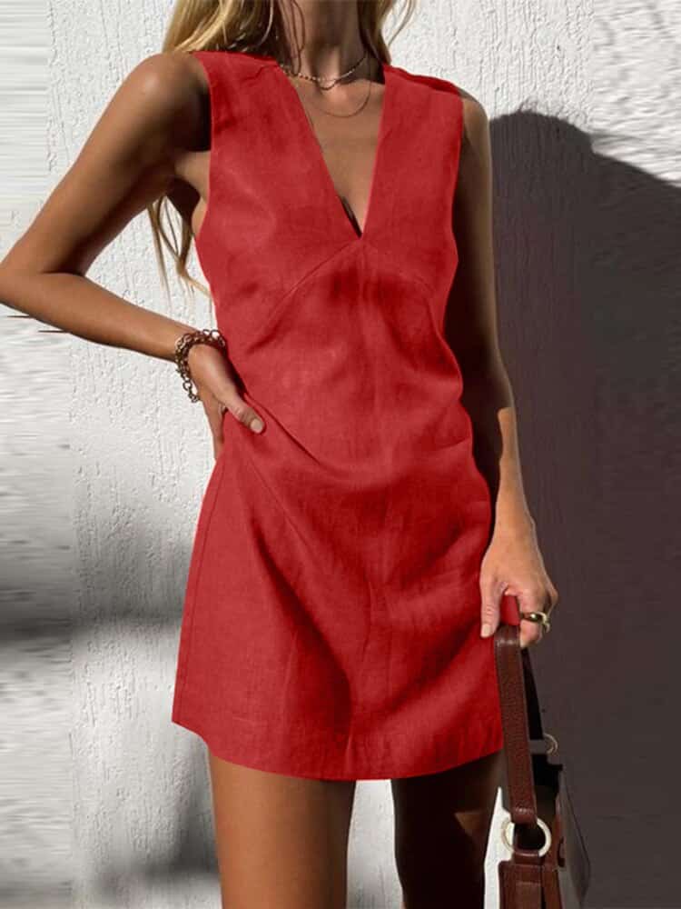 Deep V-Neck Wide Strap Shift Mini Dress