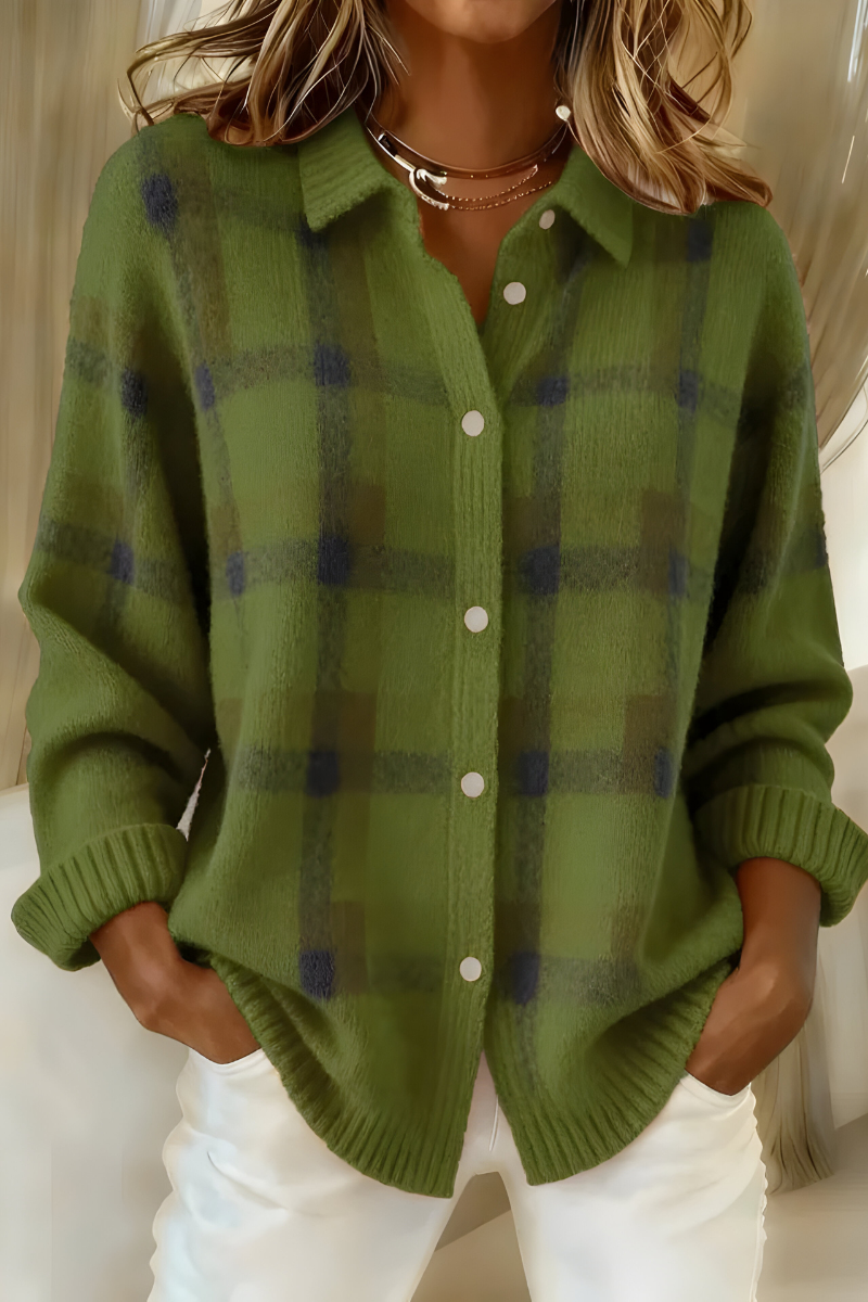Plaid Collared Button Front Long Sleeve Knit Cardigan
