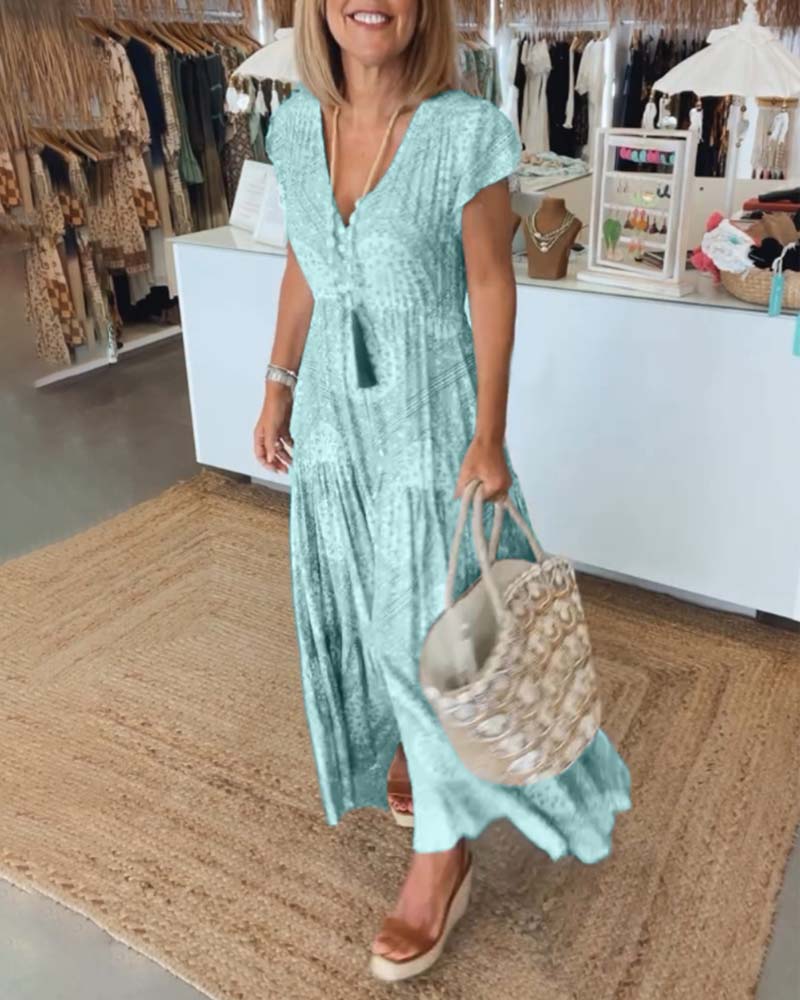 V-Neck Flutter Sleeve Buttoned Tiered Boho Maxi Dress