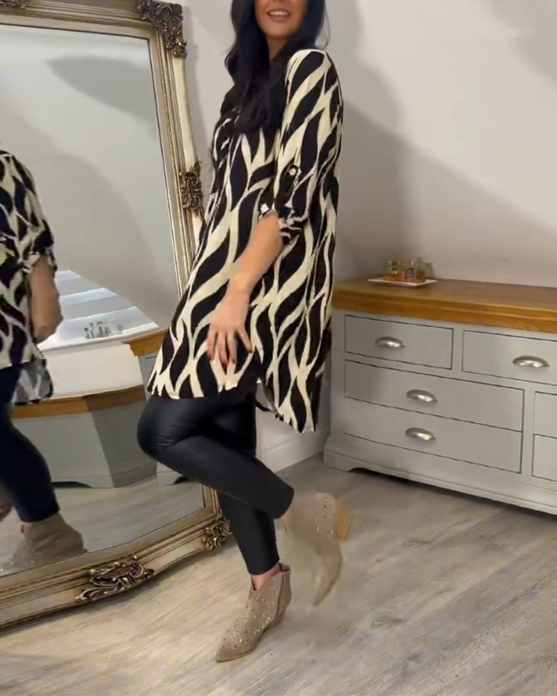 Abstract Print Roll Tab Long Sleeve Collared Button Down High Low Shirt Top