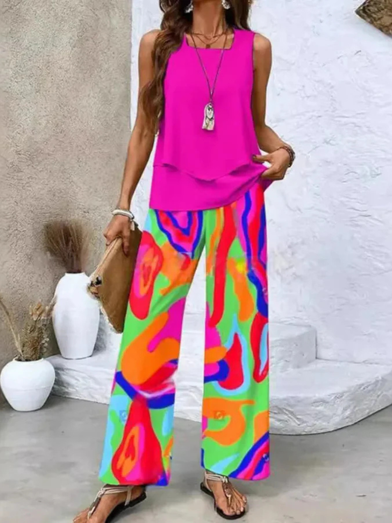 Sleeveless Layered Top and Floral Wide Leg Pants Two Piece Set