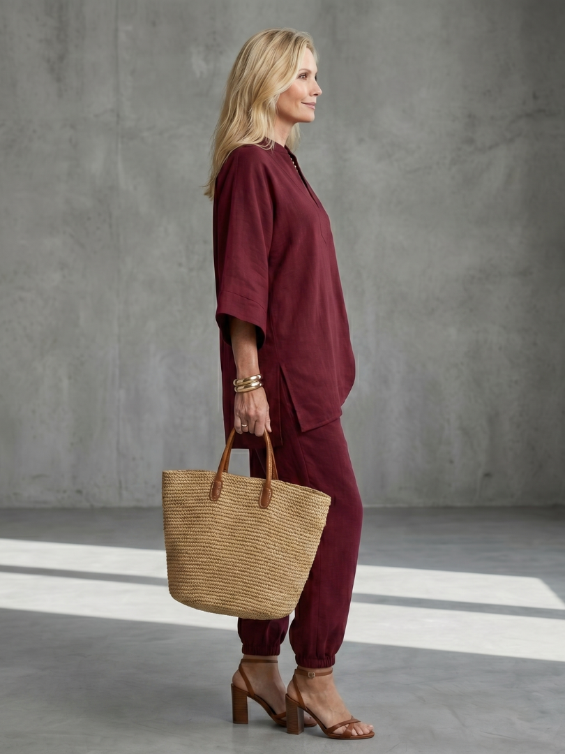 Notch V-Neck Tunic Top and Pants Two Piece Set