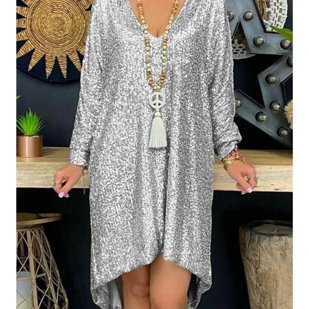Sequin Deep V-Neck Long Sleeve High Low Shift Mini Dress