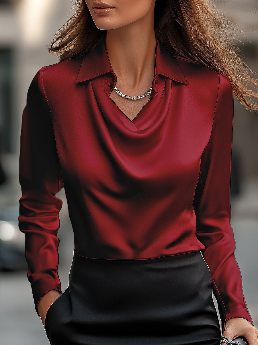 Satin Cowl Neck Collared Long Sleeve Blouse