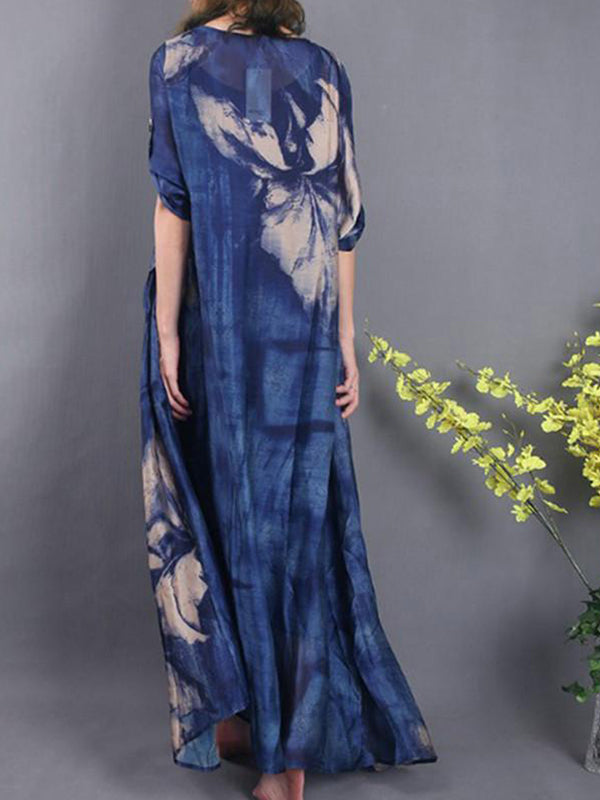 Abstract Print Oversized Round Neck Short Sleeve A-Line Maxi Dress