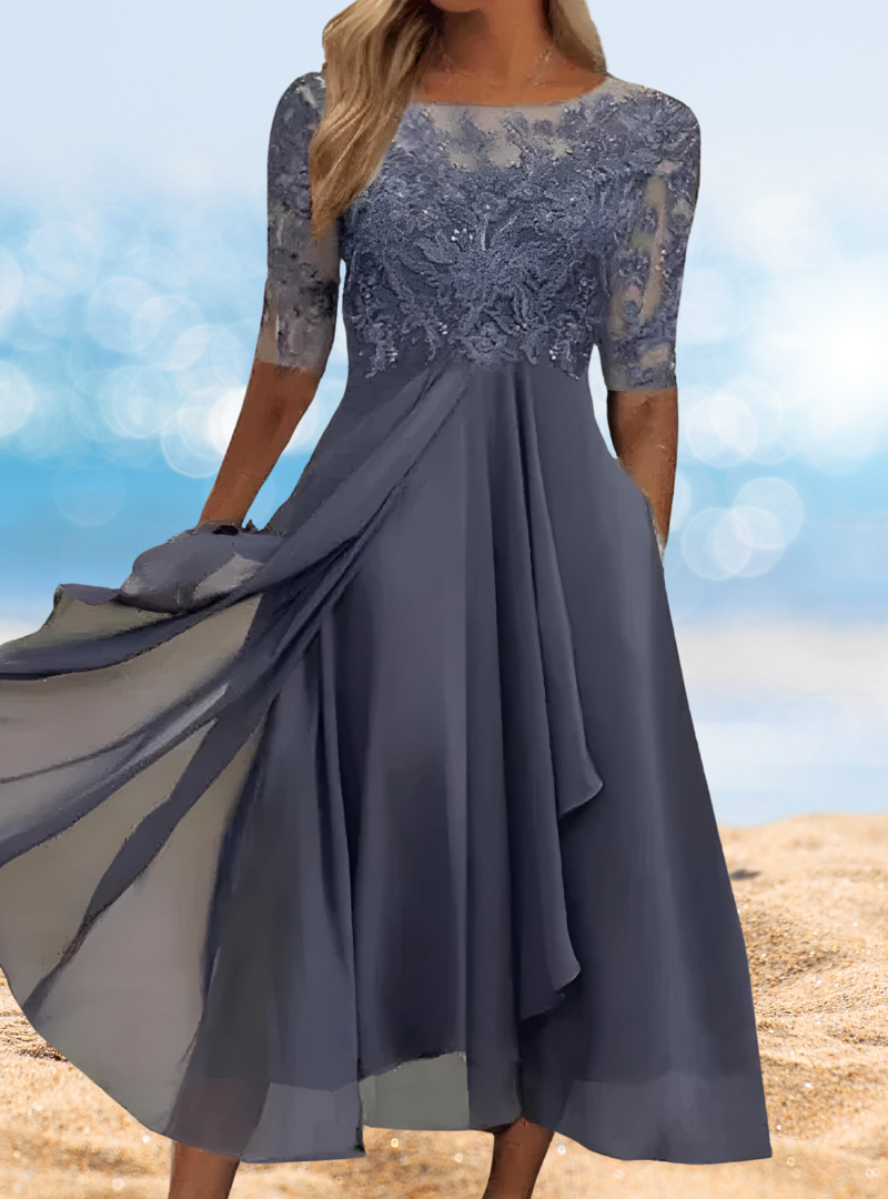 Floral Lace Illusion Scoop Neck Mesh Sleeve A-Line Chiffon Formal Midi Dress