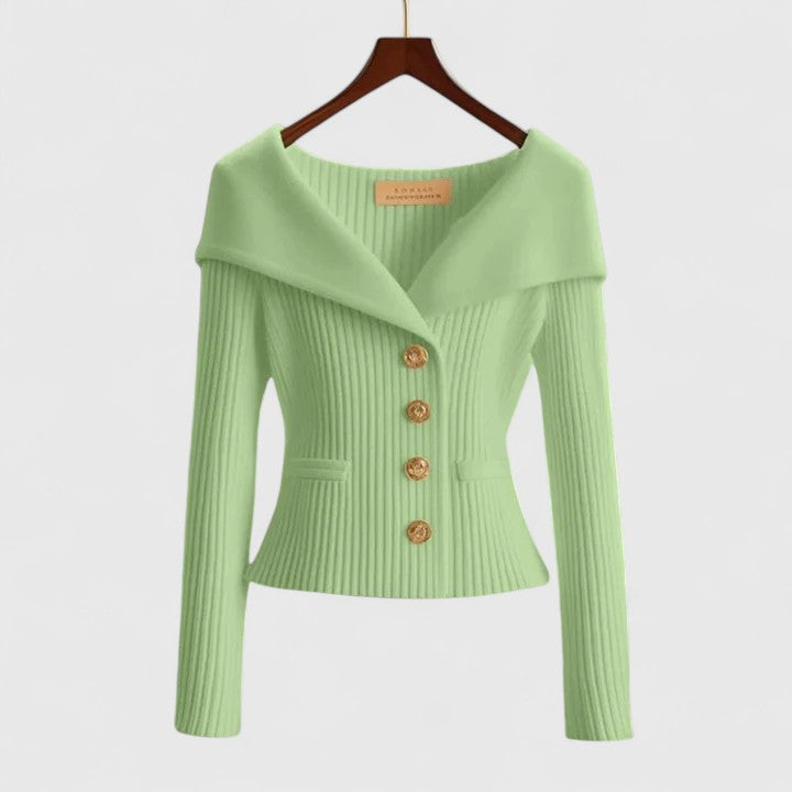 Portrait Collar Button Front Ribbed Knit Sweater