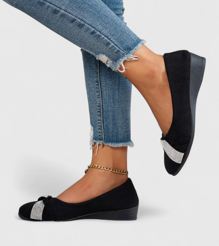 Rhinestone Cross Strap Round Toe Wedge Flats