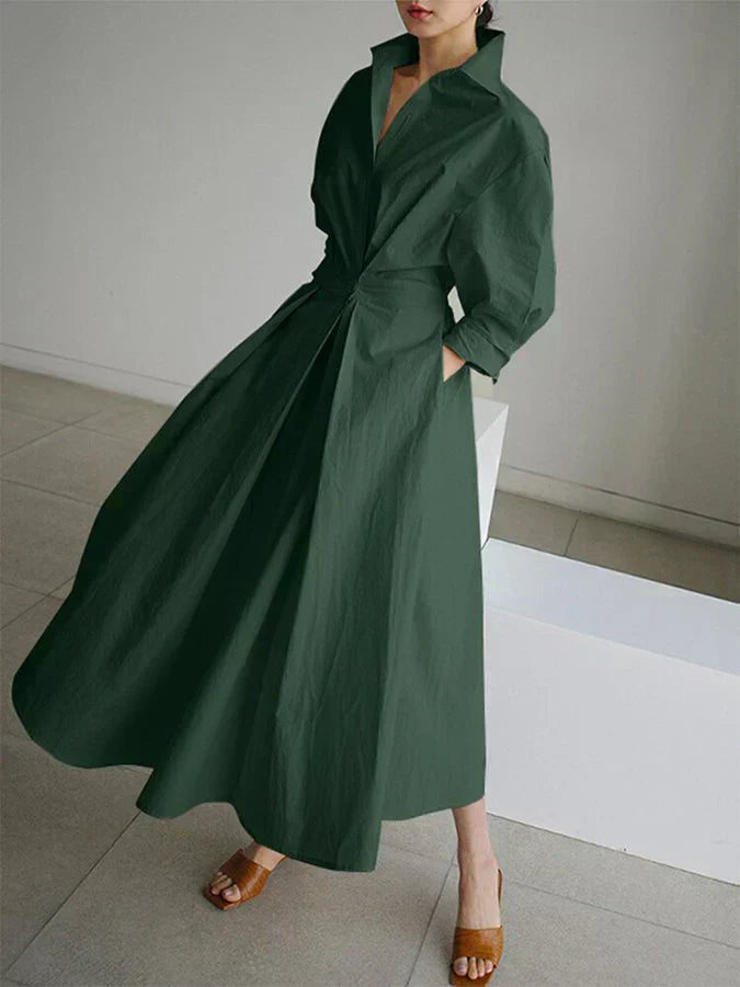 Lapel Collar Lantern Sleeve Pleated A-Line Pocket Midi Shirt Dress
