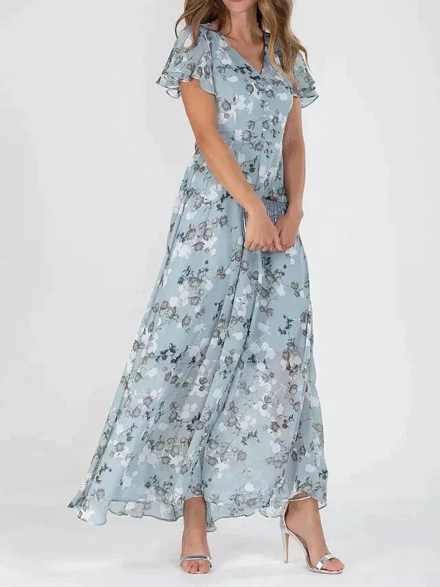 Floral Print V-Neck Button Front Flutter Sleeve Maxi Dress