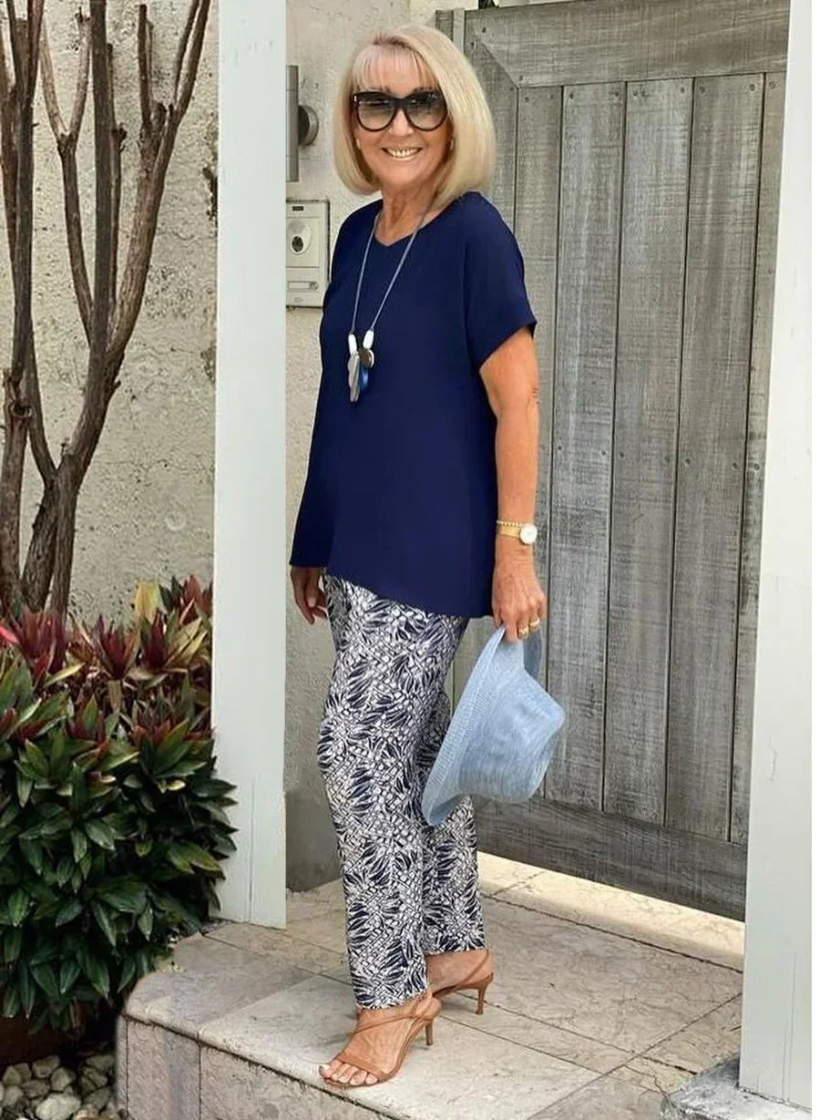 Short Sleeve Top and Leaf Print Pants Two Piece Set