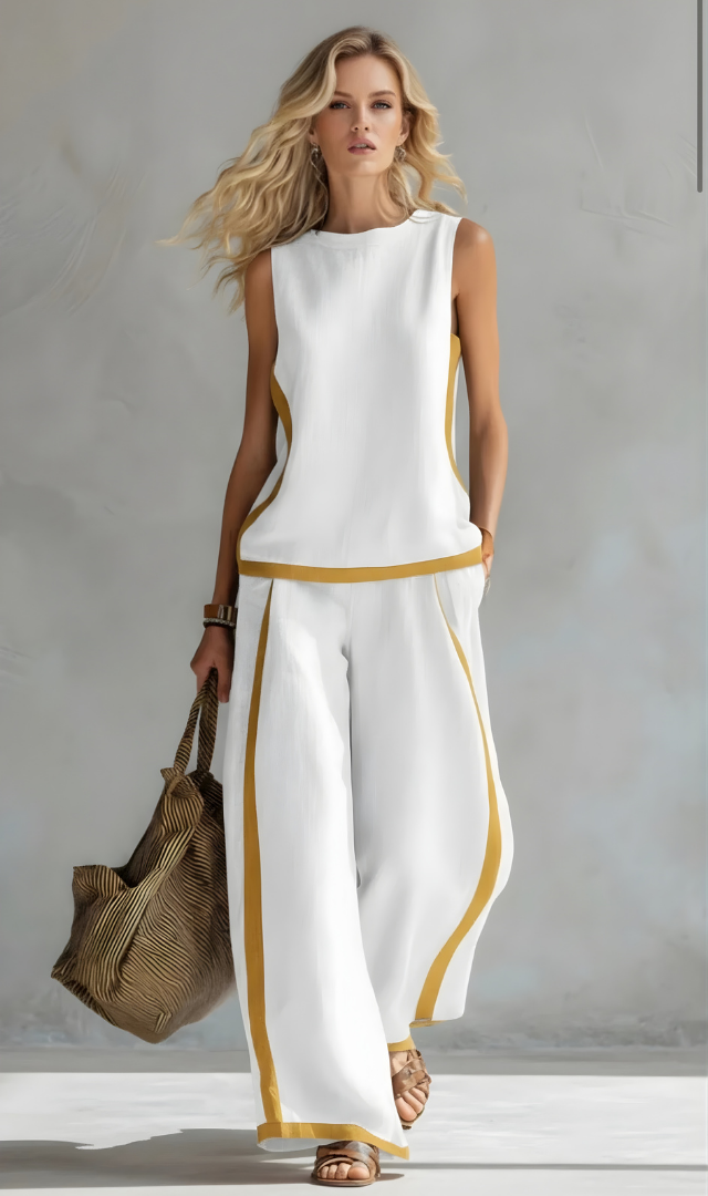 Contrast Trim Sleeveless Top and Wide Leg Pants Two Piece Set
