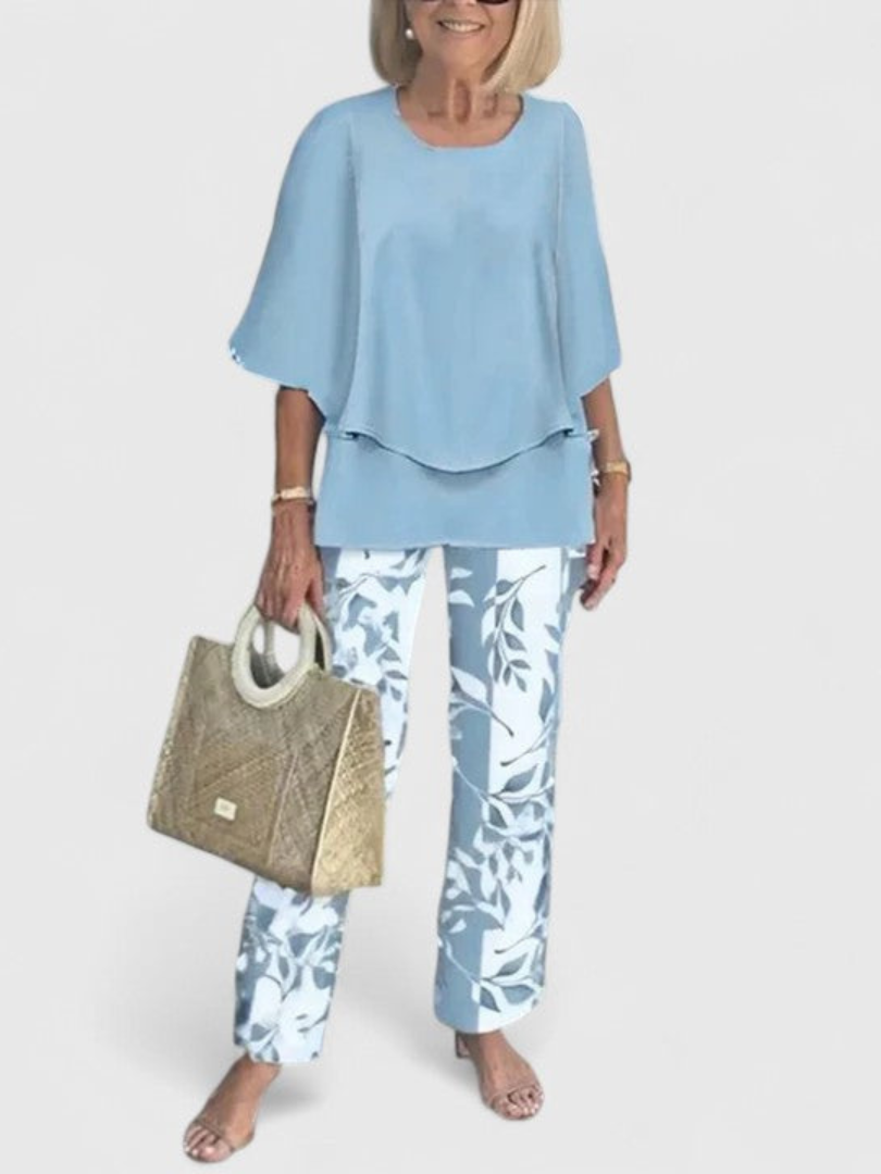 Layered Cape Overlay Top and Leaf Print Pants Two Piece Set