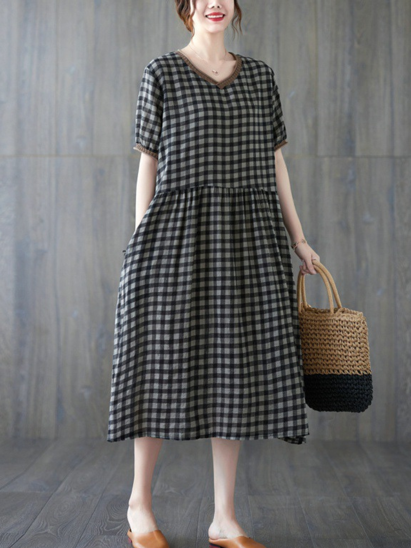 Gingham V-Neck Short Sleeve Drop Waist Pocket A-Line Midi Dress