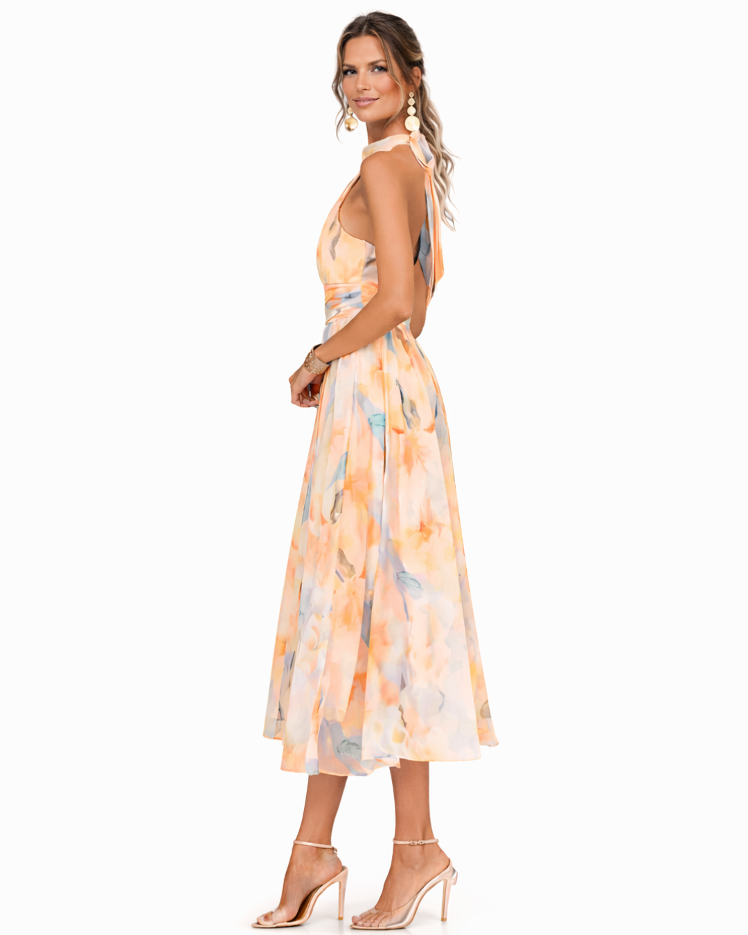 Floral Print Halter Neck Ruched Waist Pocket A-Line Maxi Dress