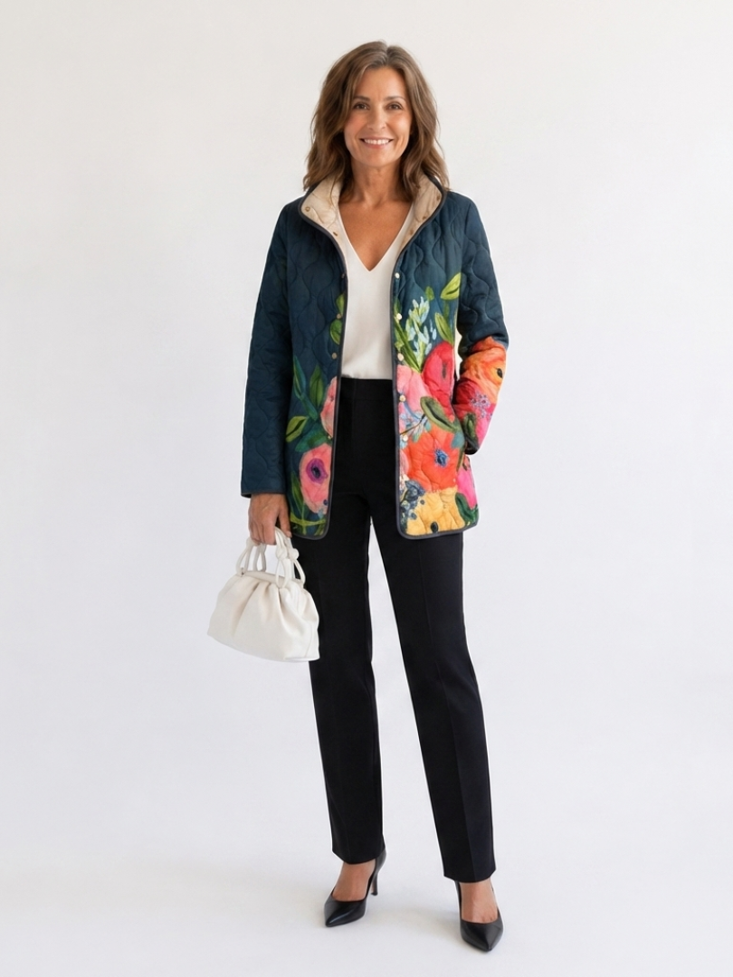 Floral Print Stand Collar Snap Front Quilted Jacket
