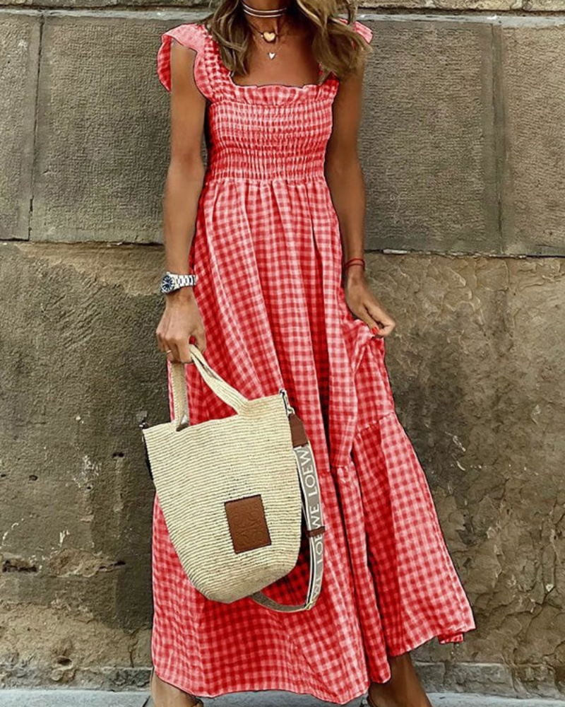 Gingham Smocked Square Neck Tiered Ruffle Cap Sleeve Maxi Dress