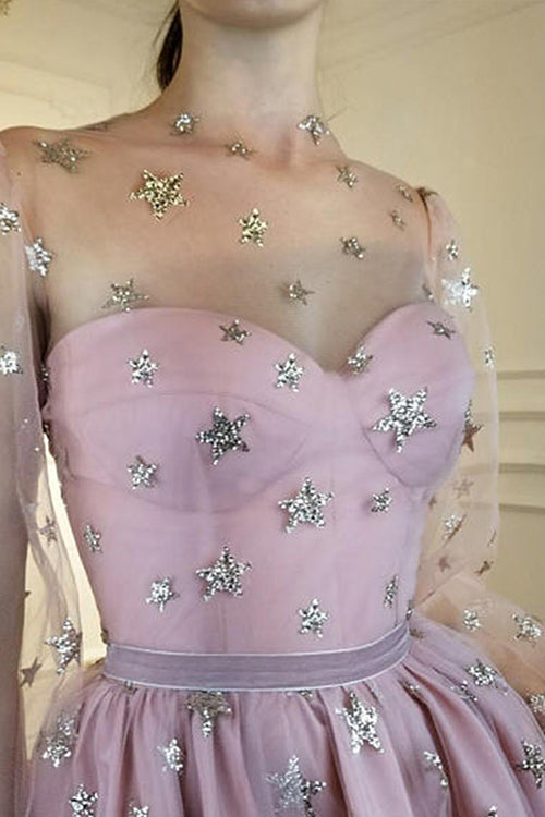 Tulle Star Print Puff Sleeve Mesh Overlay Sweetheart Mini Dress
