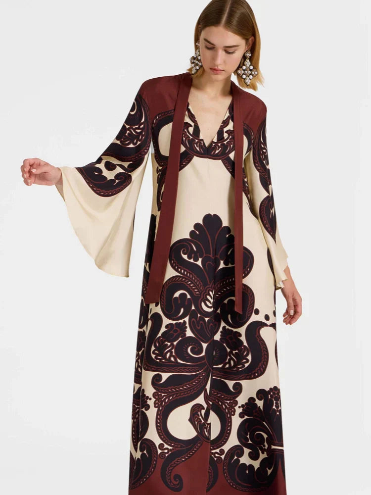 Scroll Print Satin Tie Neck Bell Sleeve A-Line Maxi Dress