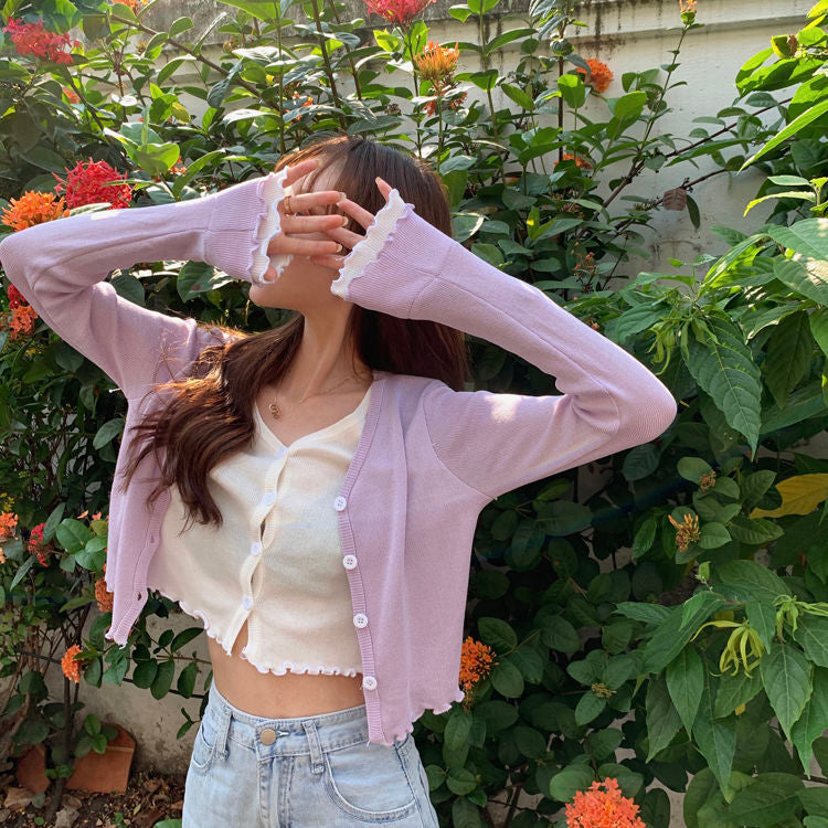 Ruffle V-Neck Slim Cardigan Sweater