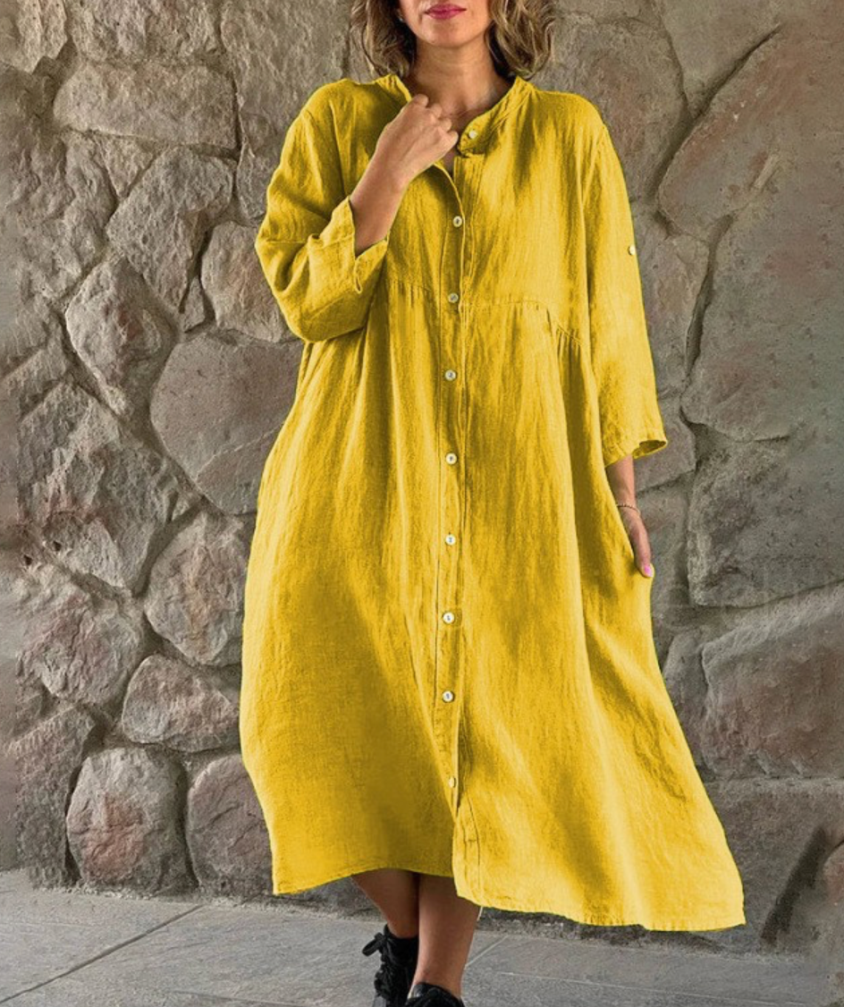 Button Down Three Quarter Sleeve Roll Tab Empire Waist Midi Shirt Dress