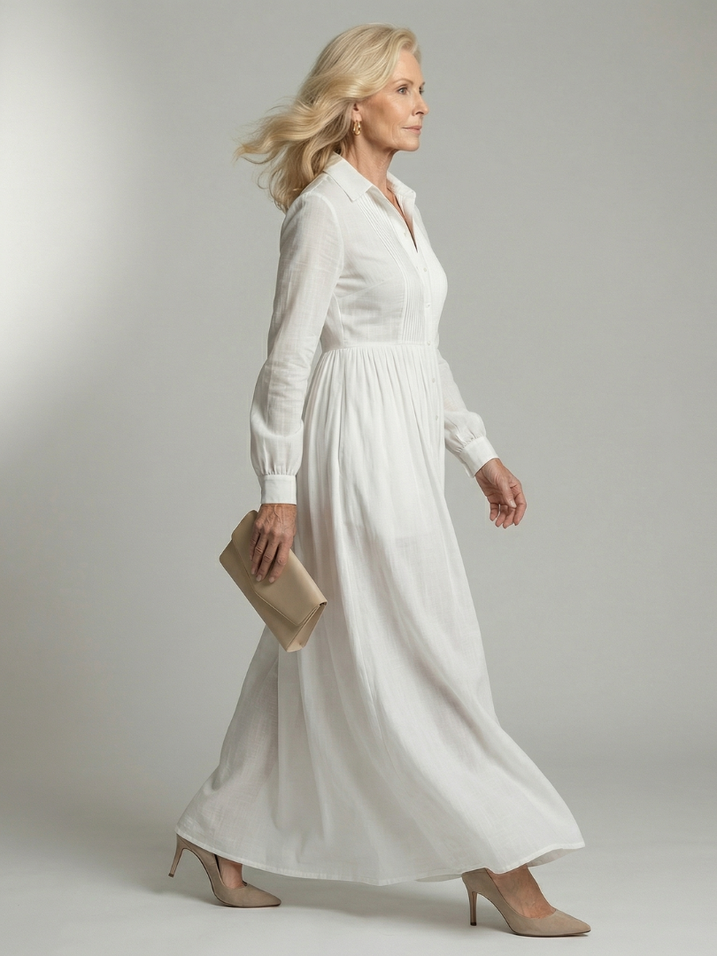 Collared Long Sleeve Pintuck Button Front Maxi Shirt Dress