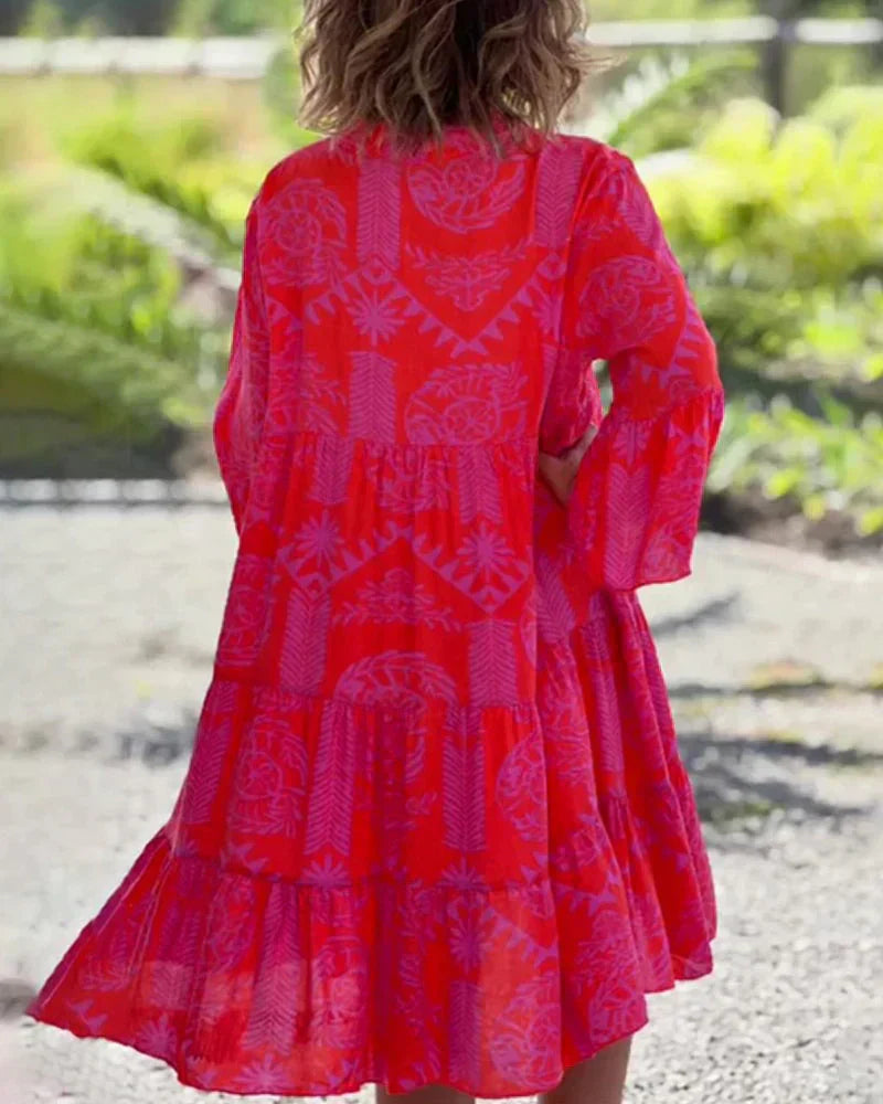 Bell Sleeve Ruffle Cuff Deep V-Neck Tiered Shift Mini Dress