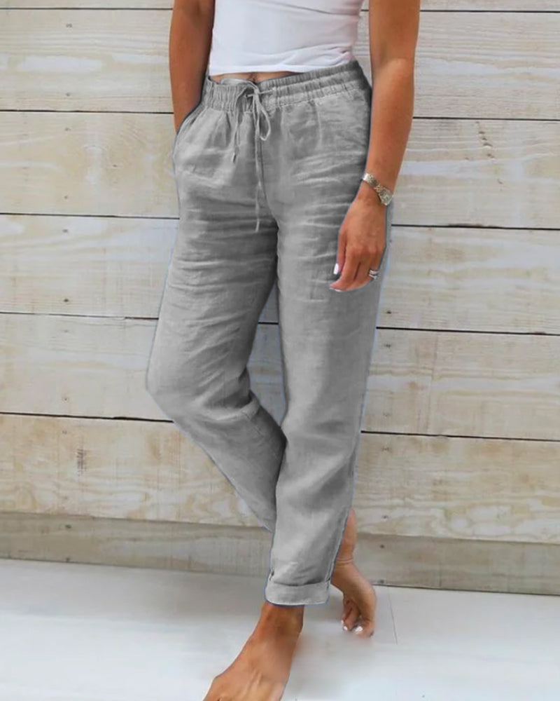 Drawstring High Waist Tapered Linen Look Pants