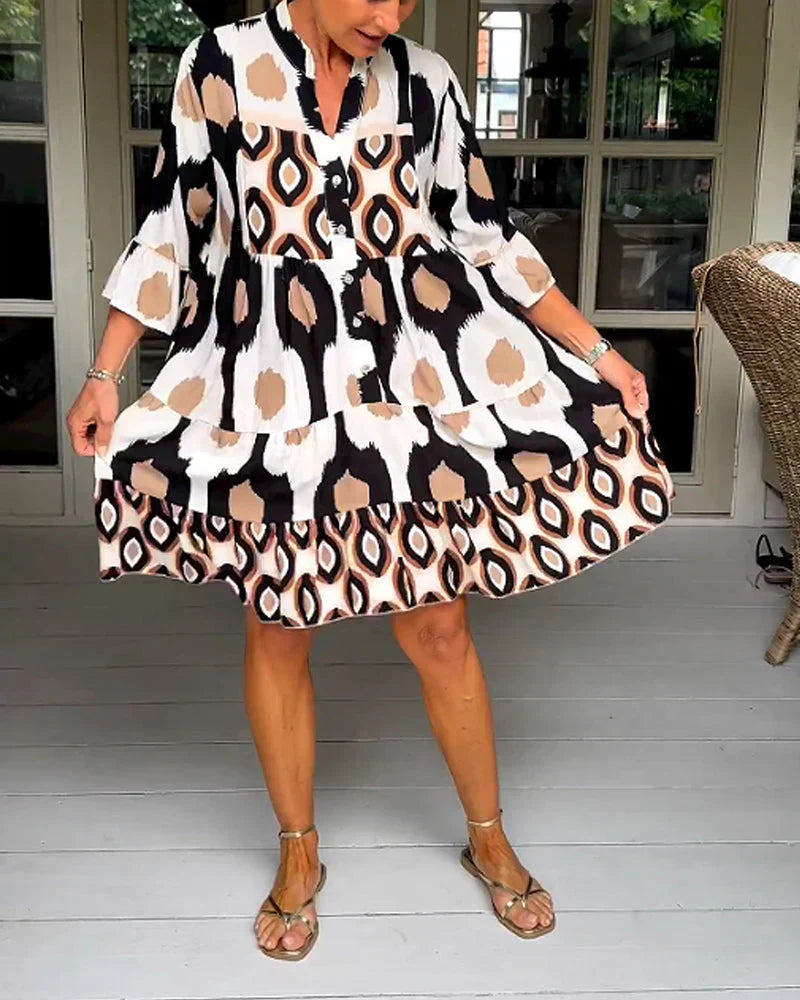 Abstract Geometric Print V-Neck Button Front Tiered Ruffle Cuff Midi Dress