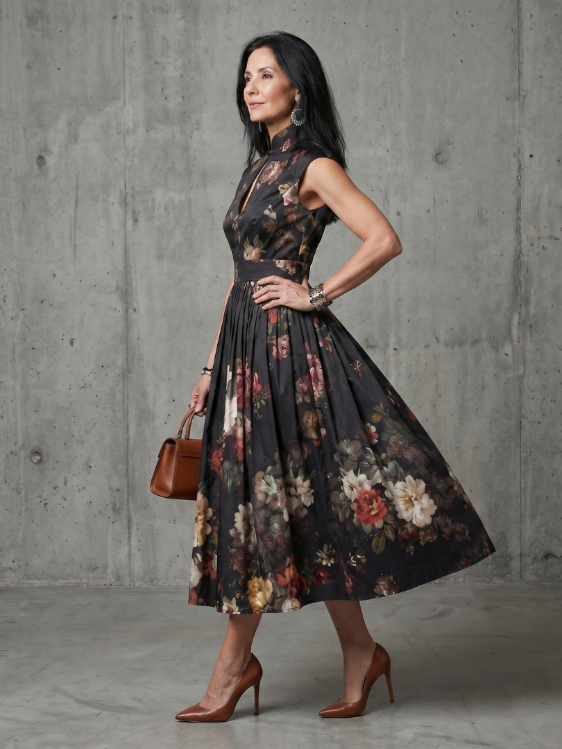 Floral Print Mock Neck Keyhole Sleeveless Belted Midi Dress