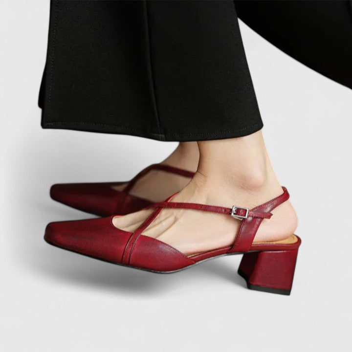 Square Toe Slingback Cross Strap Block Heel Pumps