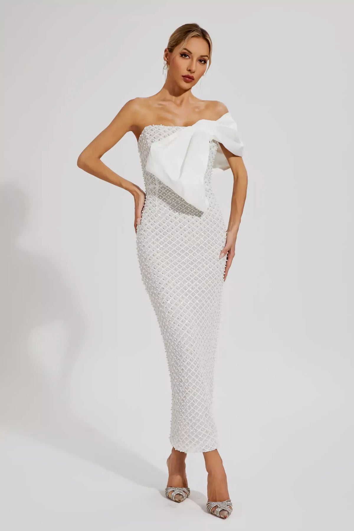 Pearl Embellished Strapless Bow Bodice Bodycon Maxi Dress