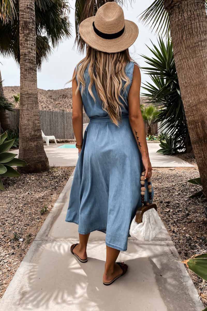 Denim-Look Sleeveless Collared Button Front Belted Midi Shirt Dress 3